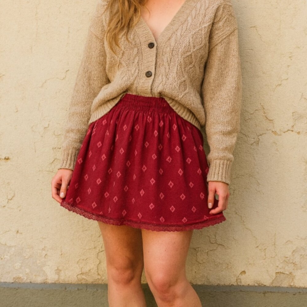 Old Navy Pink Geometric Print Lace‑Hem Mini Skirt L Boho Festival Cottagecore